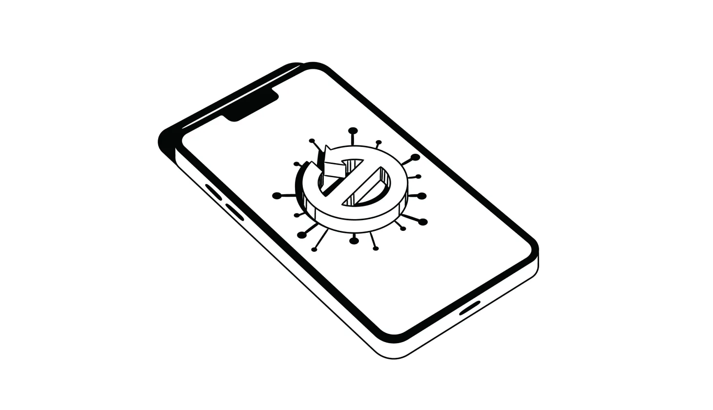 Illustration of a smartphone with a reset logo imposed on the screen surrounded by viruses